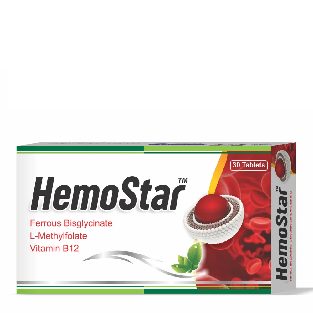 Discover Hemostar Tablet, a premium supplement with Ferrous Bisglycinate, L-Methyl Folate, and Vitamin B12 to support red blood cell formation, energy, and overall wellness.