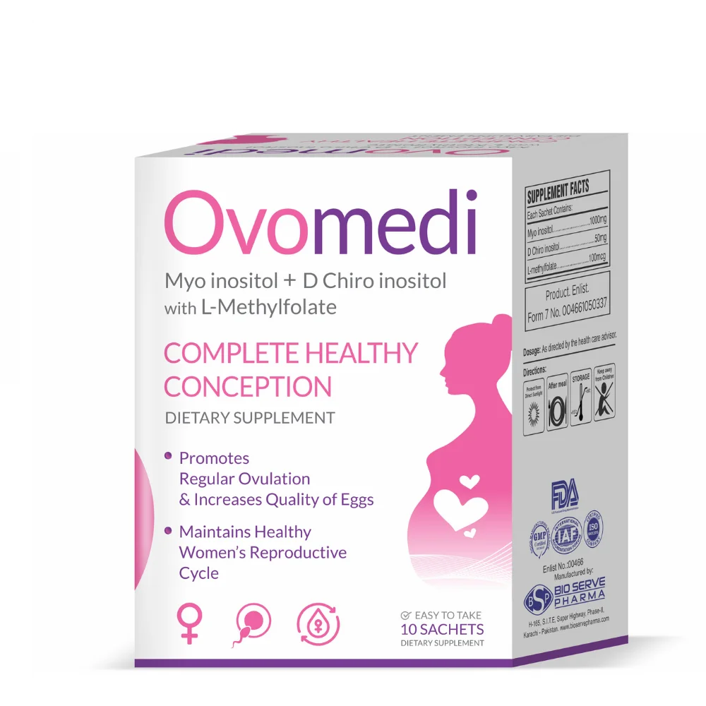 Support fertility and reproductive wellness with Ovomedi Sachet. A complete blend of Myo-Inositol, D-Chiro Inositol, and L-Methyl Folate formulated for women’s health and healthy conception.