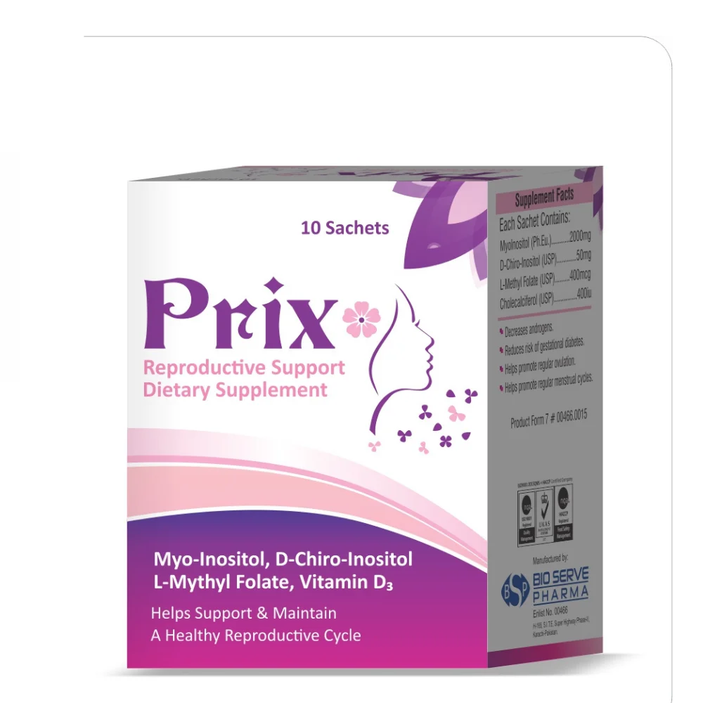 Support fertility, hormonal balance, and healthy conception with Prix Sachet, a blend of myo-inositol, d-chiro inositol, L-methyl folate, and Vitamin D3. Specially formulated for women’s reproductive wellness.