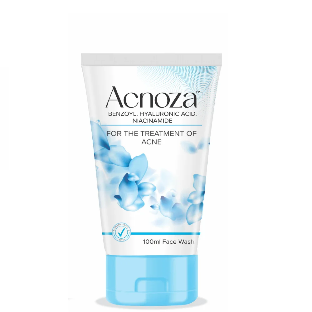 Acnoza Facewash is a dermatologist-formulated acne facewash with Benzoyl, Hyaluronic Acid, and Niacinamide. Acnoza Facewash clears pimples, hydrates skin, and prevents acne breakouts effectively.