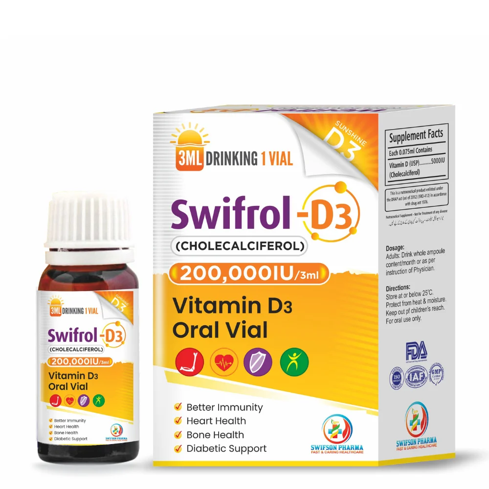 Discover Swifrol-D3, an oral vial of Vitamin D3 (Cholecalciferol) that supports bone strength, immunity, and overall health. Swifrol-D3 helps maintain calcium absorption and prevents Vitamin D deficiency.
