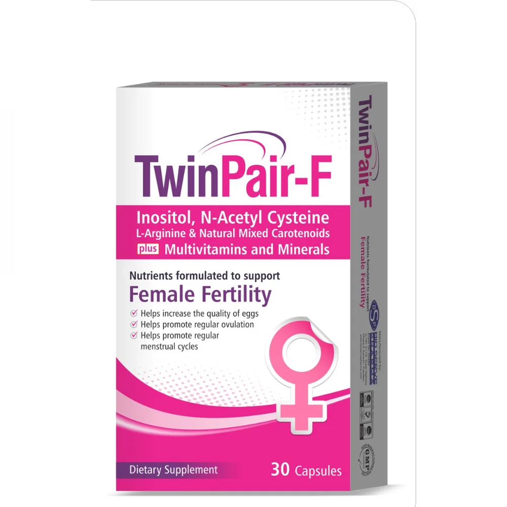 Discover TwinPair-F, a fertility support capsule for women enriched with Inositol, N-Acetyl Cysteine, L-Arginine, and Natural Mixed Carotenoids. TwinPair-F promotes ovulation, hormonal balance, and reproductive health.