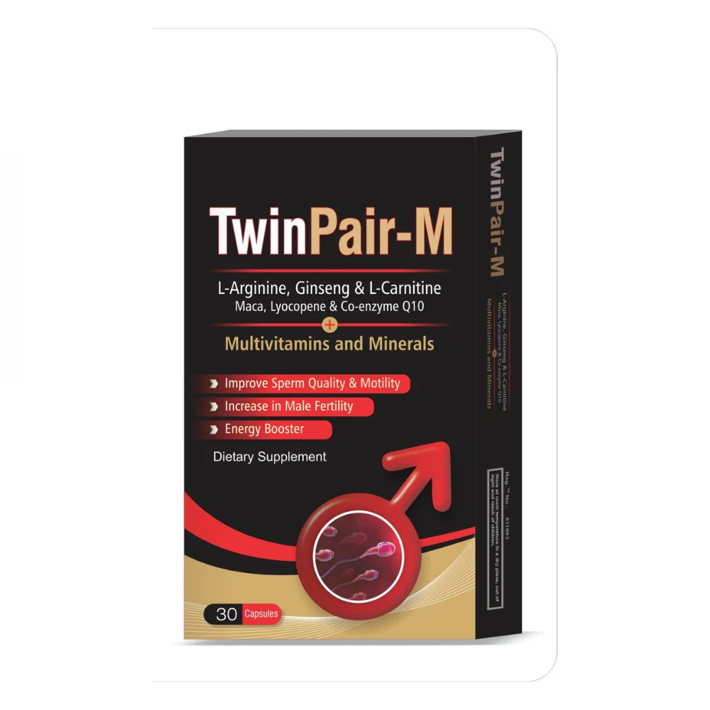 Boost male fertility and vitality with TwinPair-M, advanced fertility support capsules containing L-Arginine, Ginseng, L-Carnitine, Maca, Lycopene, and Coenzyme Q10. TwinPair-M enhances sperm motility, improves stamina, and promotes reproductive health naturally.