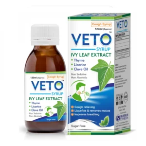 Soothe your cough naturally with Veto Syrup, a herbal cough syrup enriched with Ivy Leaf Extract, Thyme, Licorice, and Clove Oil. Veto Syrup helps relieve throat irritation, loosen mucus, and support healthy respiratory function without drowsiness.