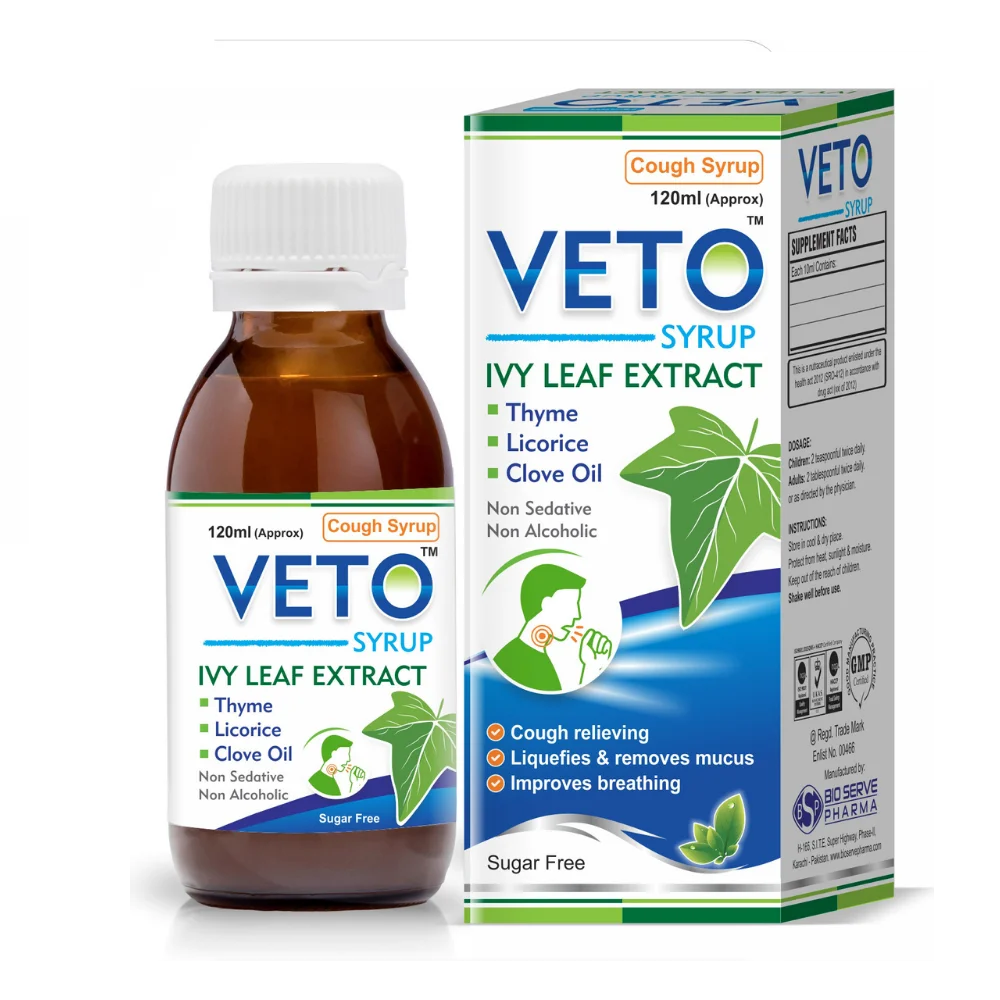 Soothe your cough naturally with Veto Syrup, a herbal cough syrup enriched with Ivy Leaf Extract, Thyme, Licorice, and Clove Oil. Veto Syrup helps relieve throat irritation, loosen mucus, and support healthy respiratory function without drowsiness.