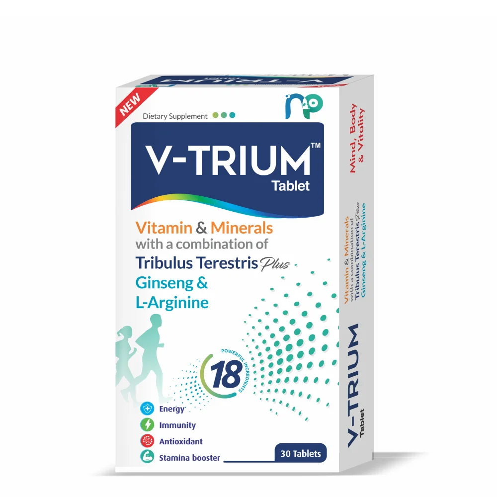 V-Trium Tablets combine essential vitamins, minerals, Tribulus terrestris, Ginseng, and L-Arginine to enhance stamina, vitality, and male performance. Discover how V-Trium Tablets support energy, reproductive health, and overall well-being.